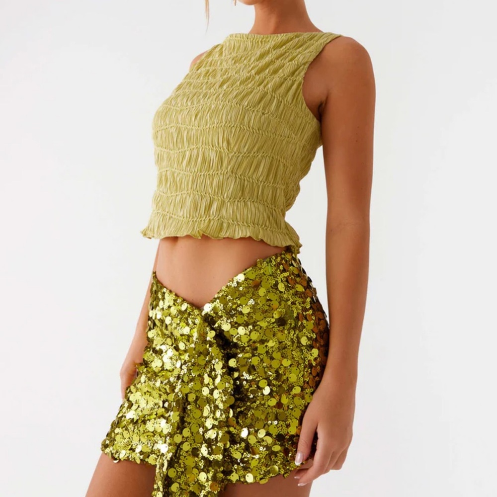 Green Ruched Top and Sequin Skirt Set